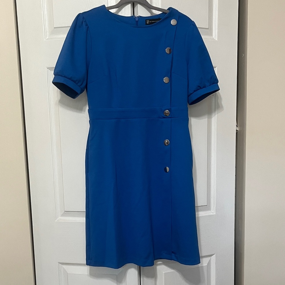 Tailored Blue Button-Accent Women’s Dress with Pockets